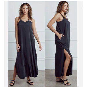 SheBird Savannah Strappy Maxi Bra Dress Womens 6 Large Pockets Bamboo Slit Black